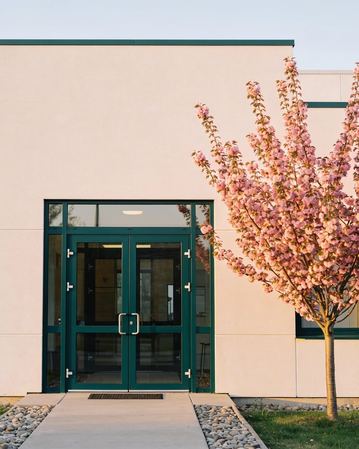 A calm clinic entrance with green doors and a blossoming tree