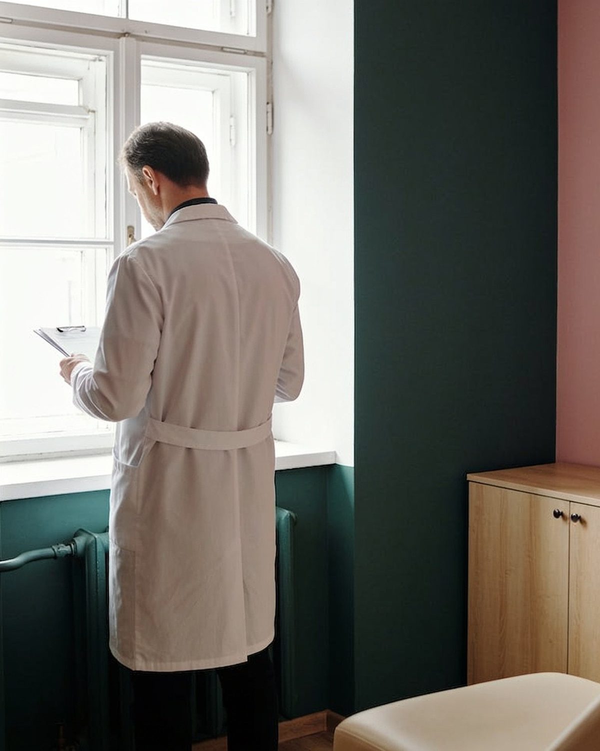 A clinician reading notes by a bright window in a green and pink consultation room