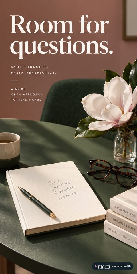 Story frame of a notebook, glasses and a magnolia on a green table, “Room for questions.”