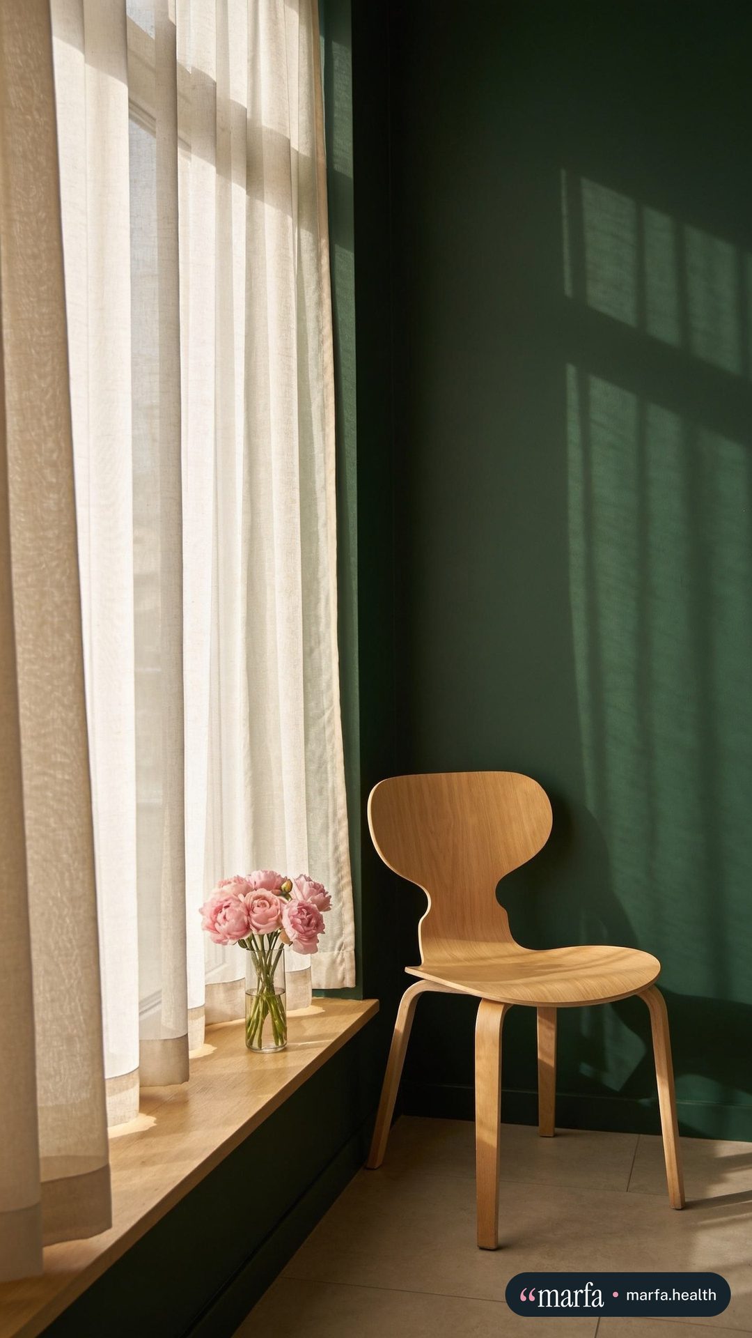 Reel cover of a wooden chair by a sunlit window with pink flowers on the sill