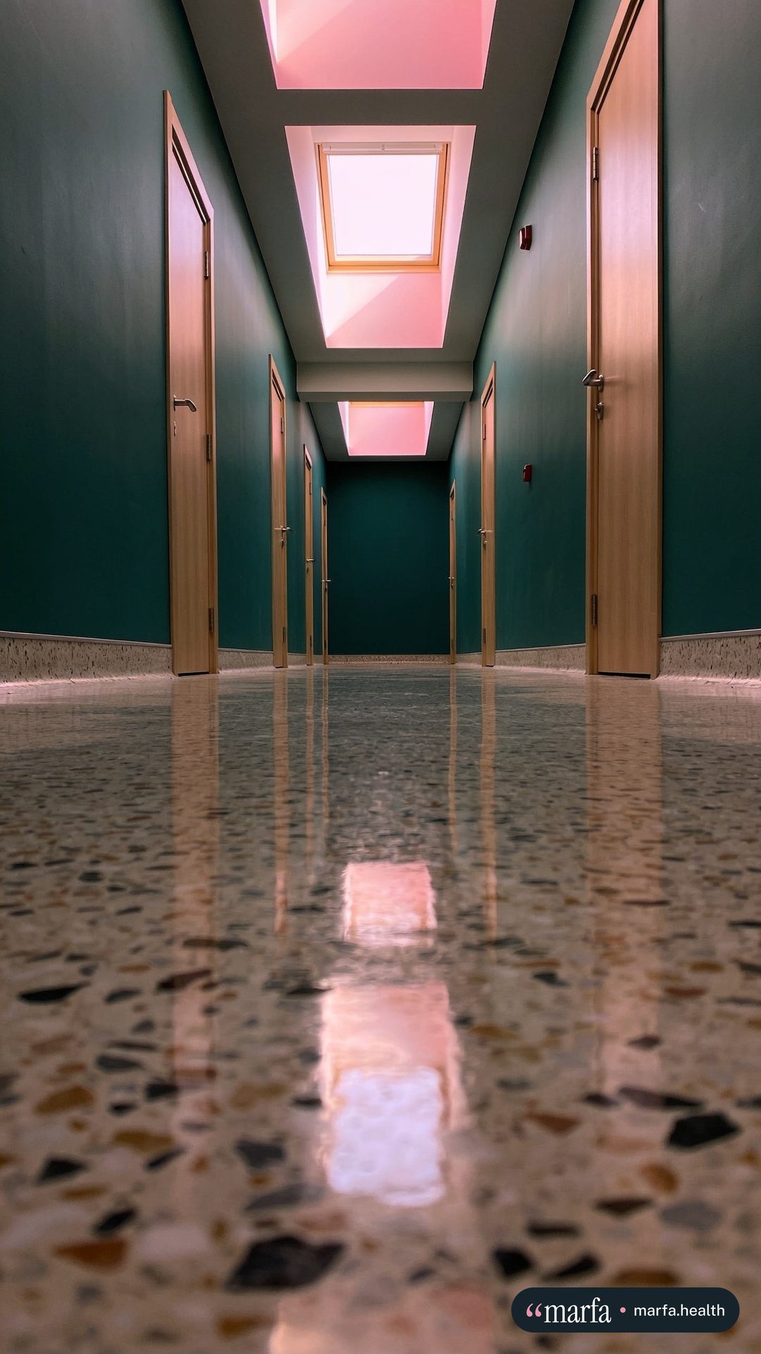 Reel cover of a green corridor with a terrazzo floor and soft pink light